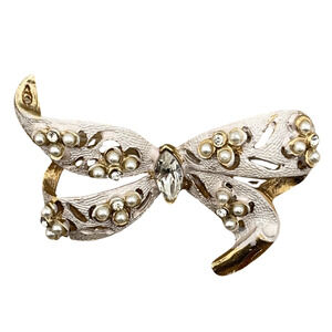 Vintage Pisces Gold Plated Bow Brooch Pin Rhinestone Faux Pearl Elegant Gift